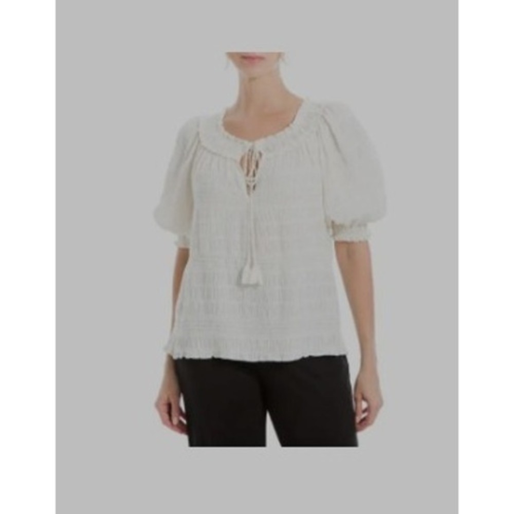 MAX STUDIO LONDON Cream Smocked Square Neck Puff‎ Sleeve Tassel Tie Blouse M NWT